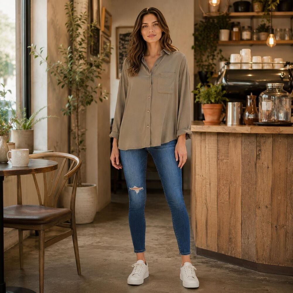 NEU NOMADS Women's‎ Top Shirt SMALL Relaxed Brown Button Front Minimalist